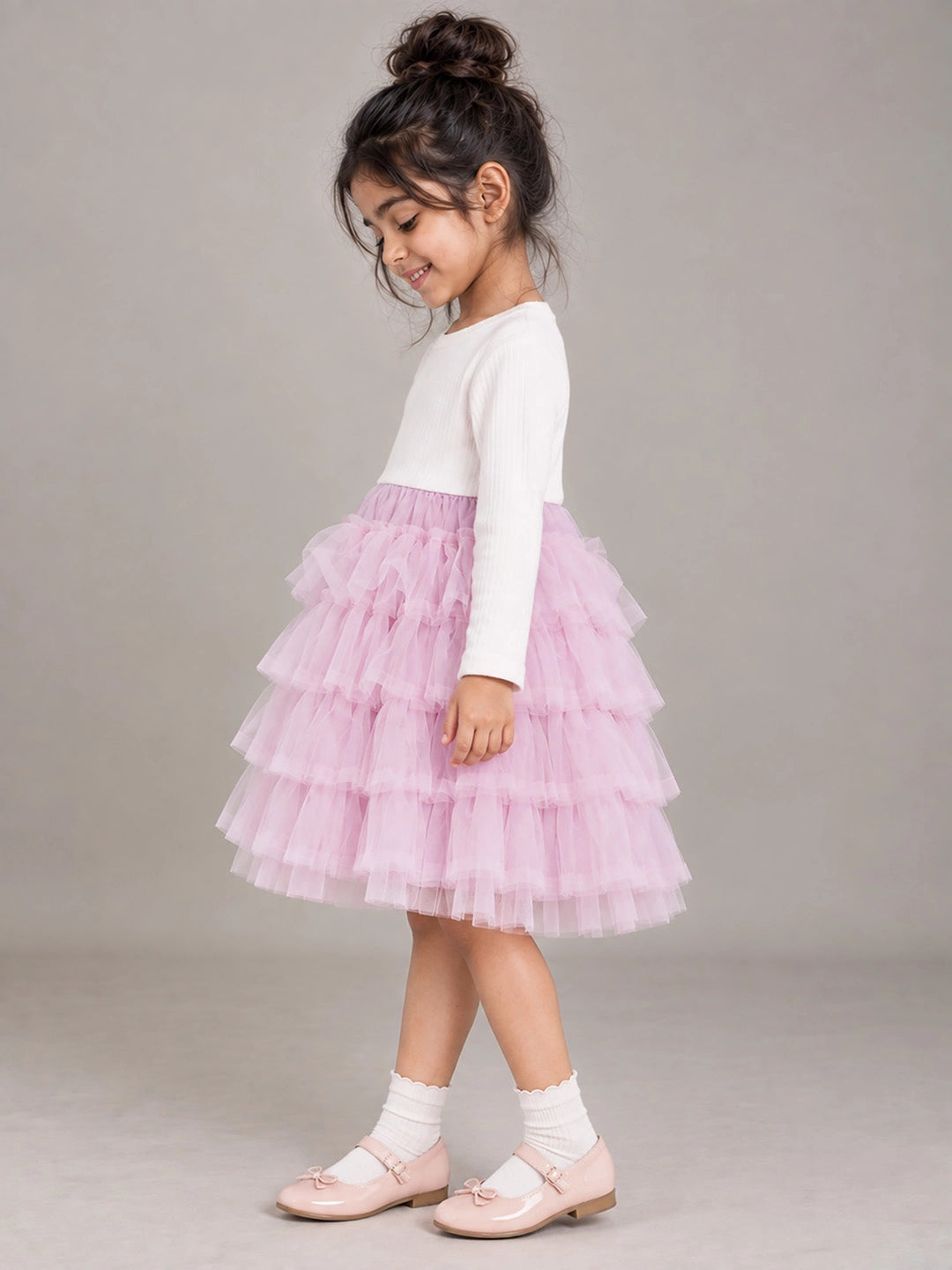 Pink Pearl & Silver Bow Cardigan & White-Pink Ruffle Frock, Winterwear 2 Pcs Set for Girls