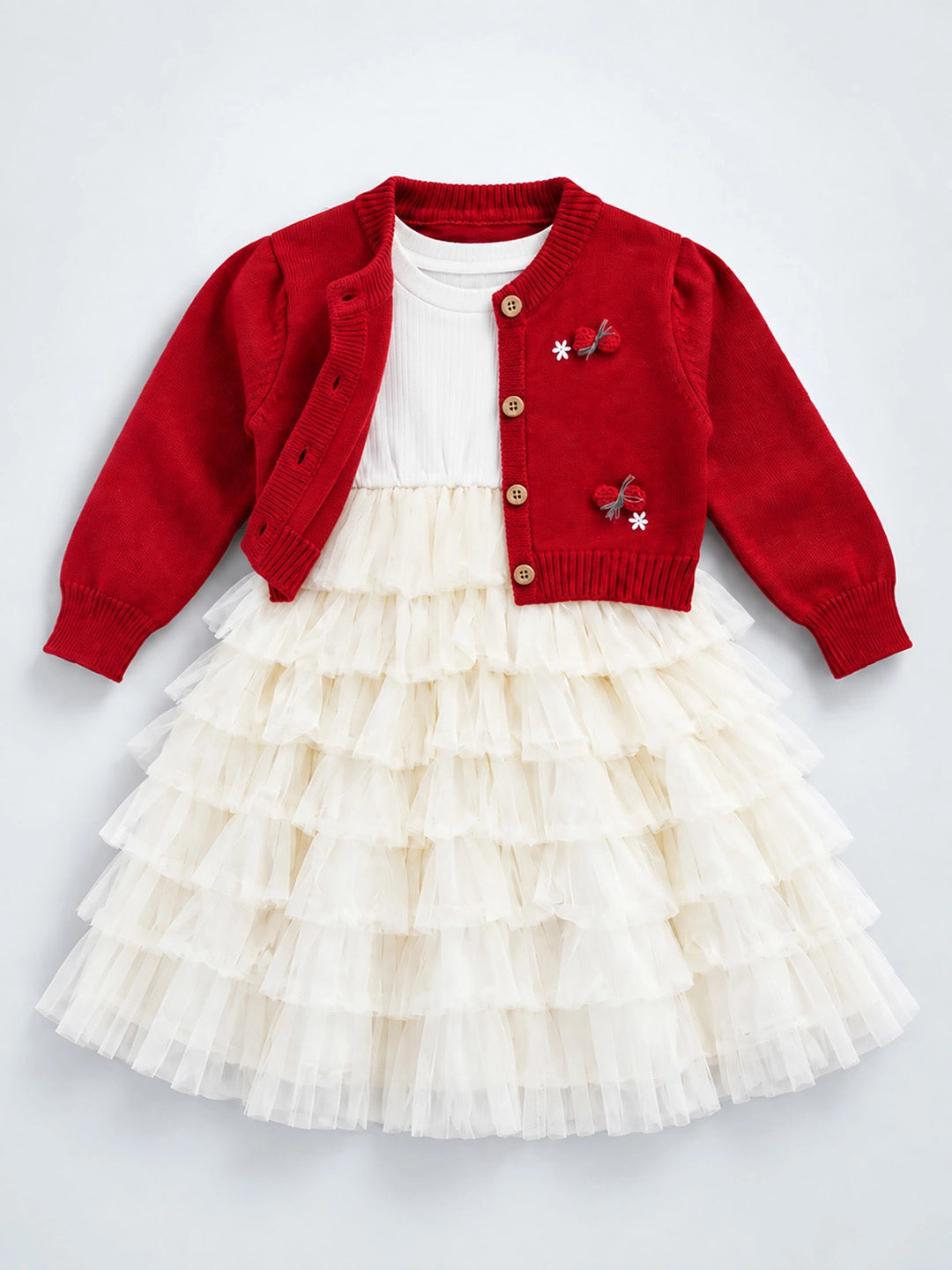 Red 3D Bow Cardigan & White-Ivory Ruffle Frock, Winterwear 2 Pcs Set for Girls