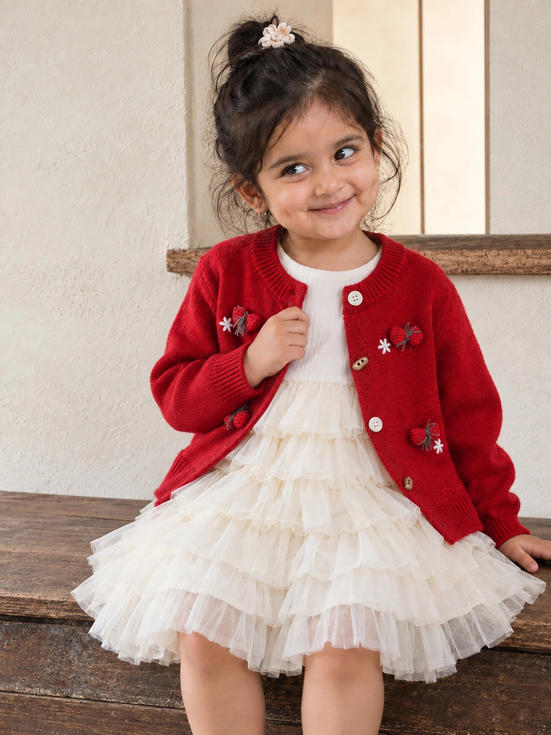 Red 3D Bow Cardigan & White-Ivory Ruffle Frock, Winterwear 2 Pcs Set for Girls