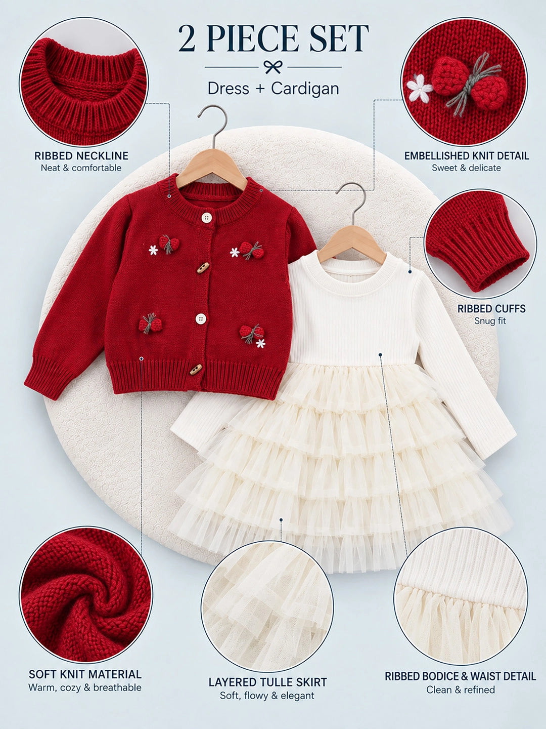 Red 3D Bow Cardigan & White-Ivory Ruffle Frock, Winterwear 2 Pcs Set for Girls