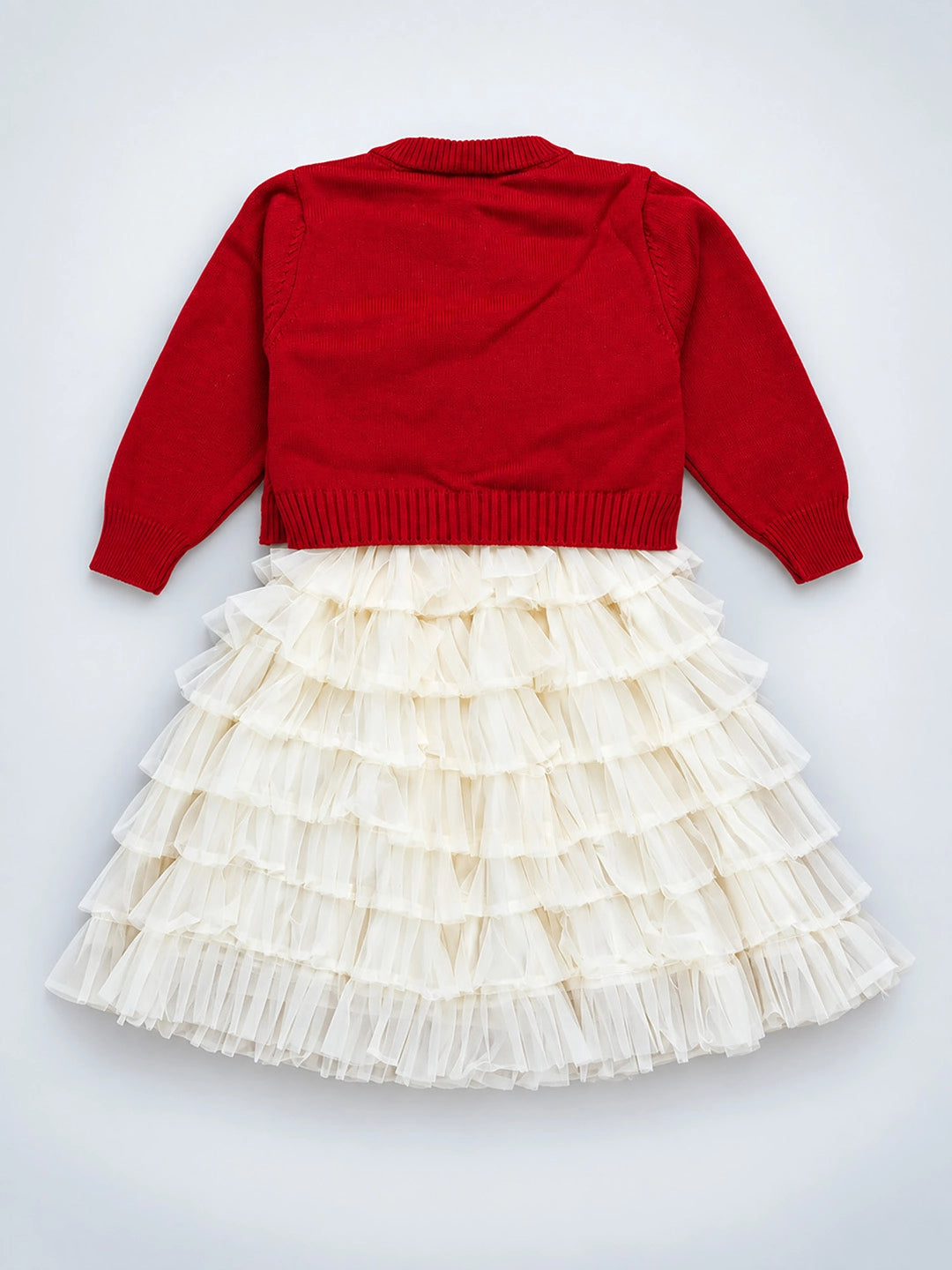 Red 3D Bow Cardigan & White-Ivory Ruffle Frock, Winterwear 2 Pcs Set for Girls