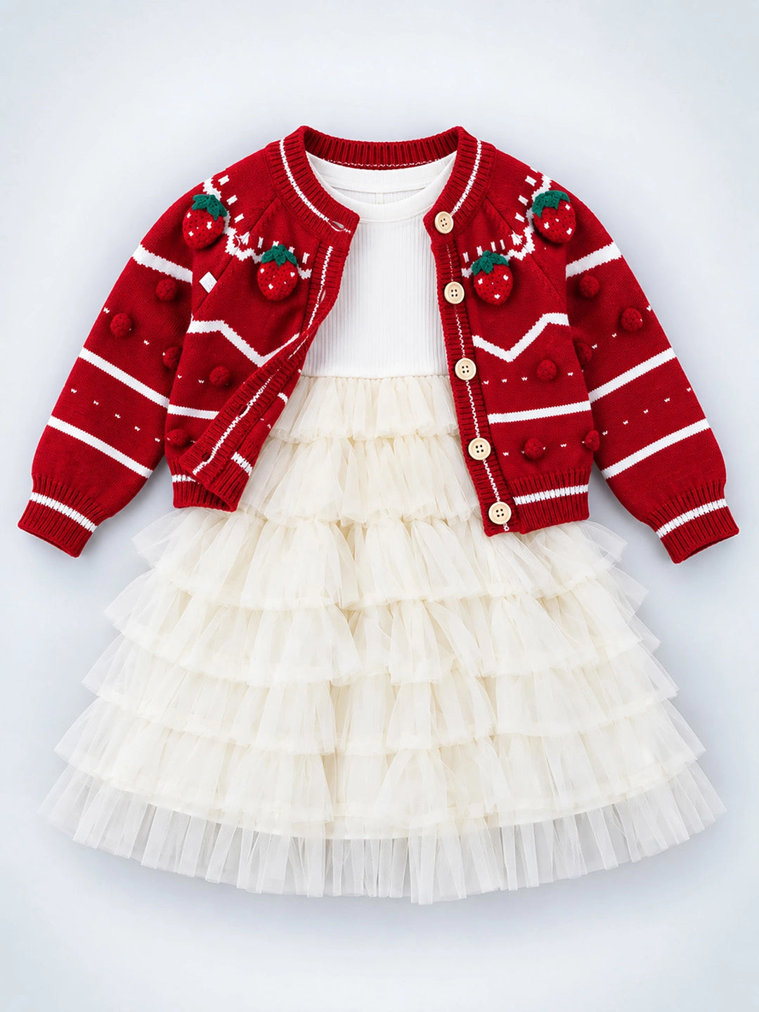 Red Strawberry Cardigan & White-Ivory Ruffle Frock, Winterwear 2 Pcs Set for Girls