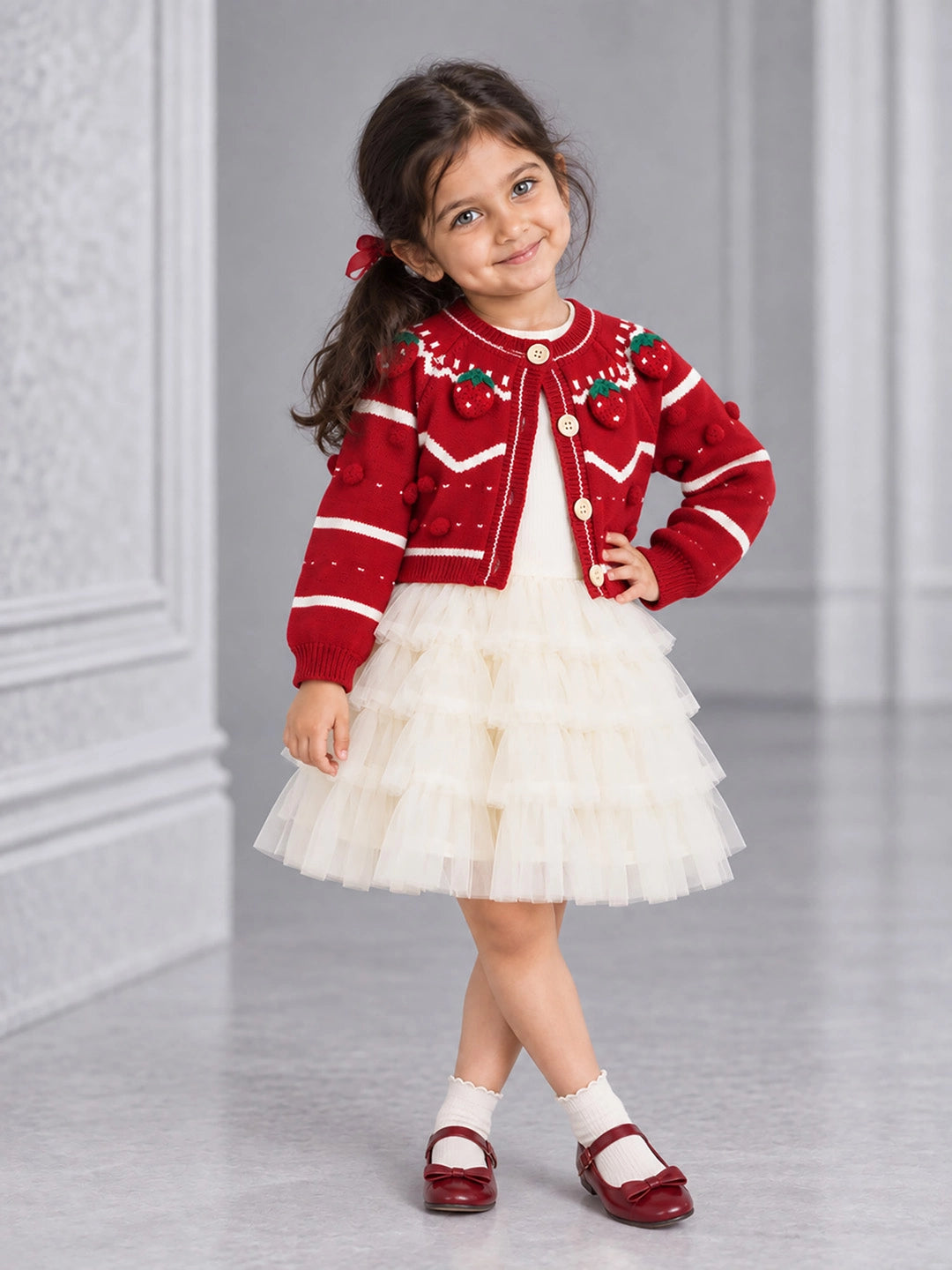 Red Strawberry Cardigan & White-Ivory Ruffle Frock, Winterwear 2 Pcs Set for Girls