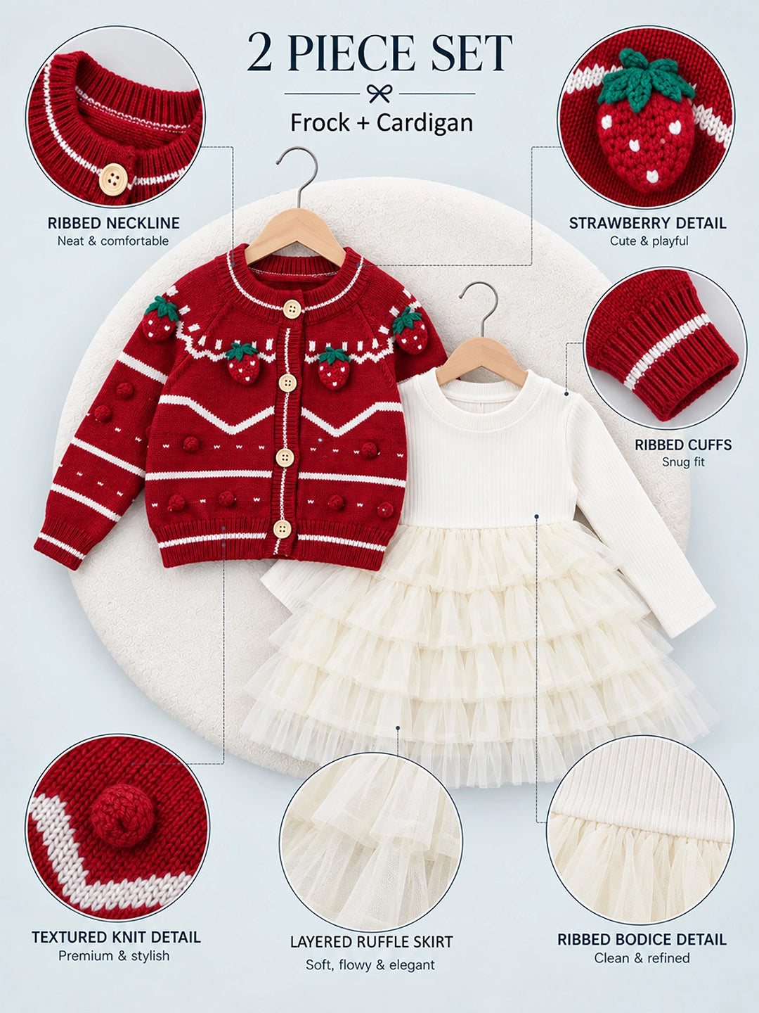 Red Strawberry Cardigan & White-Ivory Ruffle Frock, Winterwear 2 Pcs Set for Girls