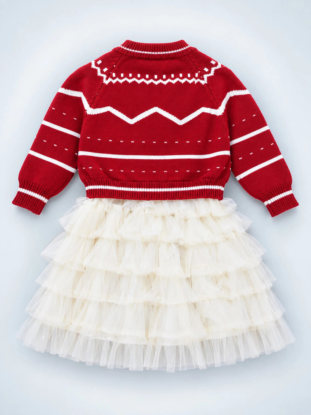 Red Strawberry Cardigan & White-Ivory Ruffle Frock, Winterwear 2 Pcs Set for Girls
