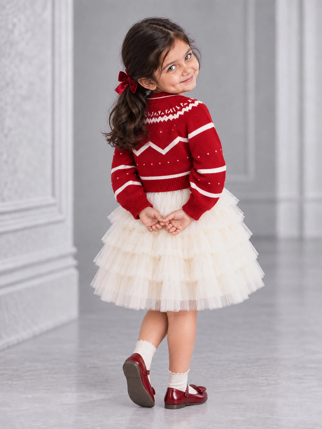 Red Strawberry Cardigan & White-Ivory Ruffle Frock, Winterwear 2 Pcs Set for Girls