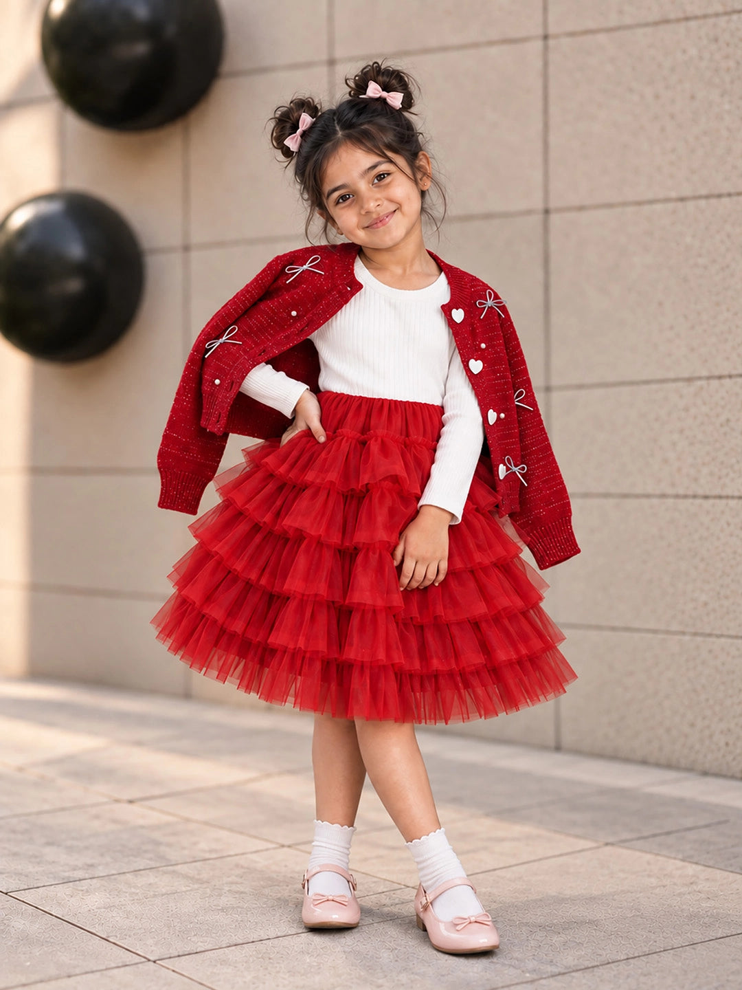 Red Pearl & Silver Bow Cardigan & White-Red Ruffle Frock, Winterwear 2 Pcs Set for Girls