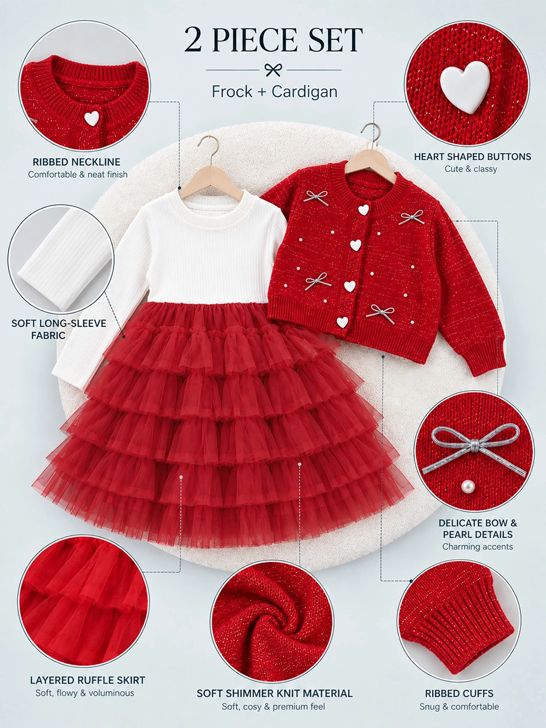 Red Pearl & Silver Bow Cardigan & White-Red Ruffle Frock, Winterwear 2 Pcs Set for Girls