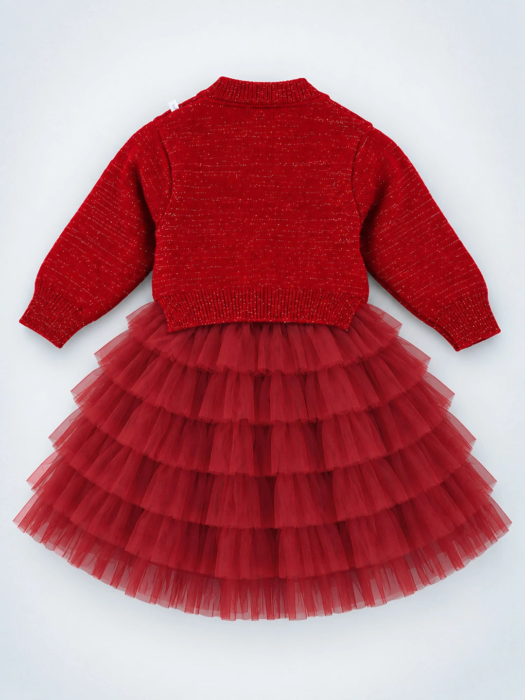 Red Pearl & Silver Bow Cardigan & White-Red Ruffle Frock, Winterwear 2 Pcs Set for Girls