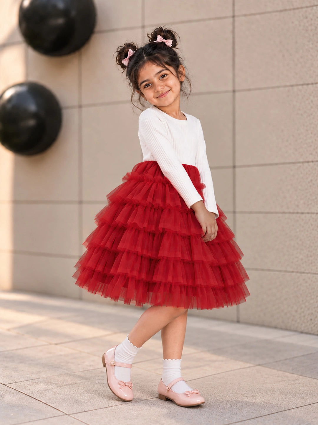 Red Pearl & Silver Bow Cardigan & White-Red Ruffle Frock, Winterwear 2 Pcs Set for Girls