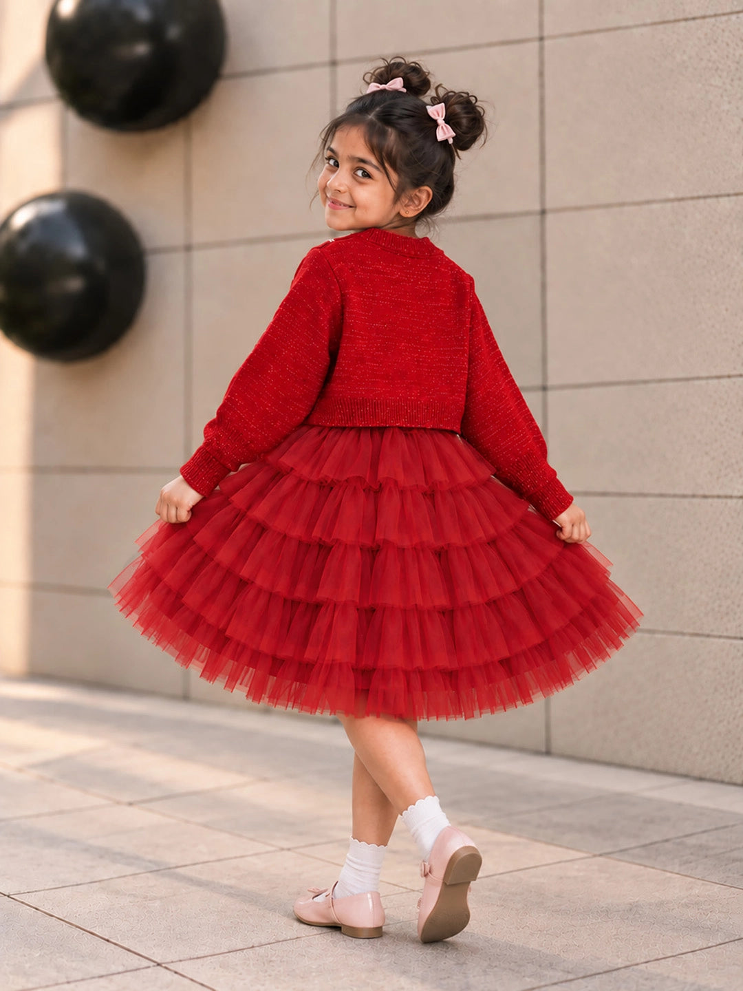 Red Pearl & Silver Bow Cardigan & White-Red Ruffle Frock, Winterwear 2 Pcs Set for Girls