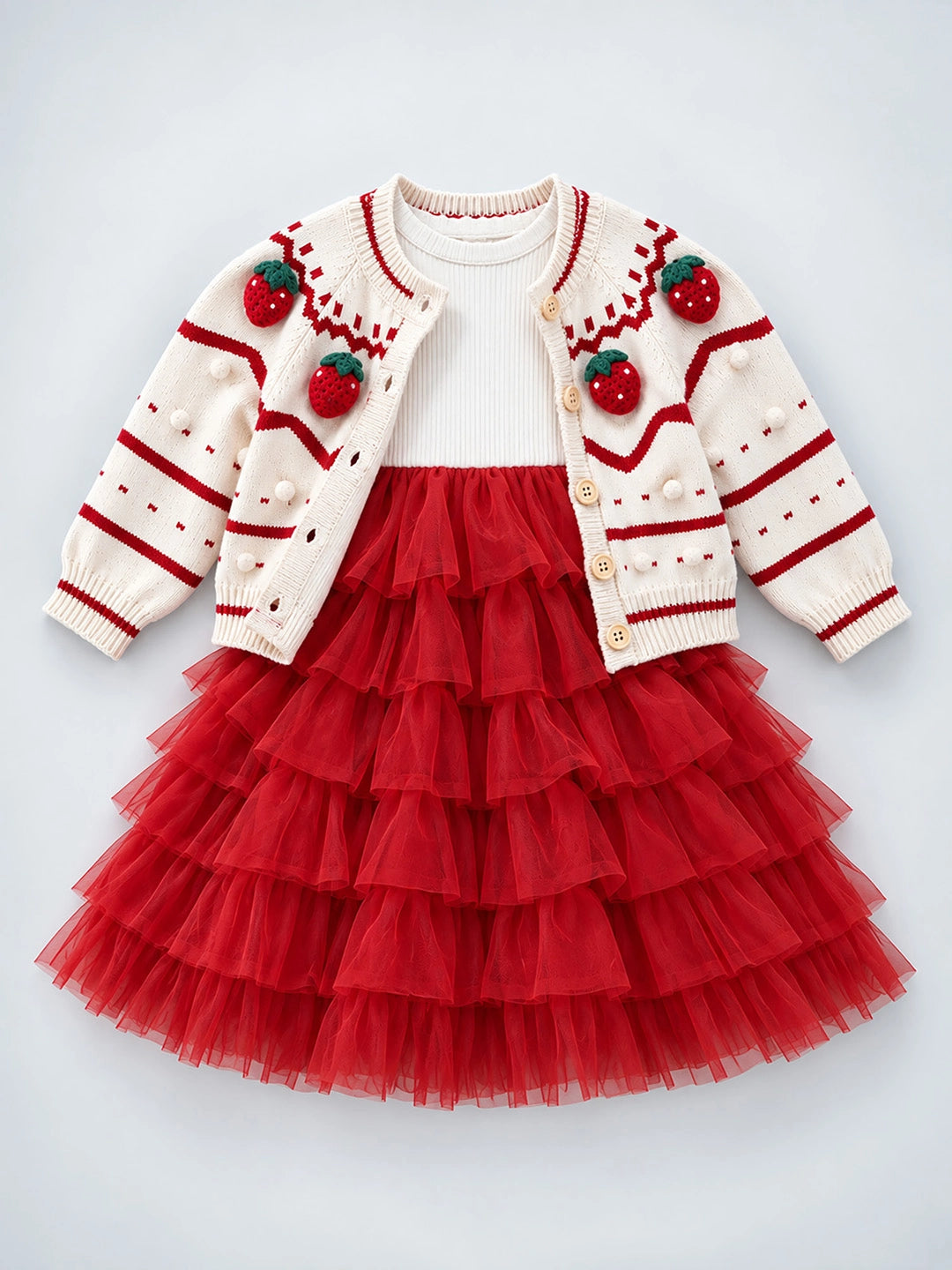 White Strawberry Cardigan & White-Red Ruffle Frock, Winterwear 2 Pcs Set for Girls