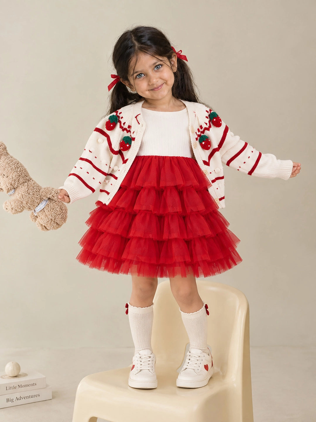 White Strawberry Cardigan & White-Red Ruffle Frock, Winterwear 2 Pcs Set for Girls
