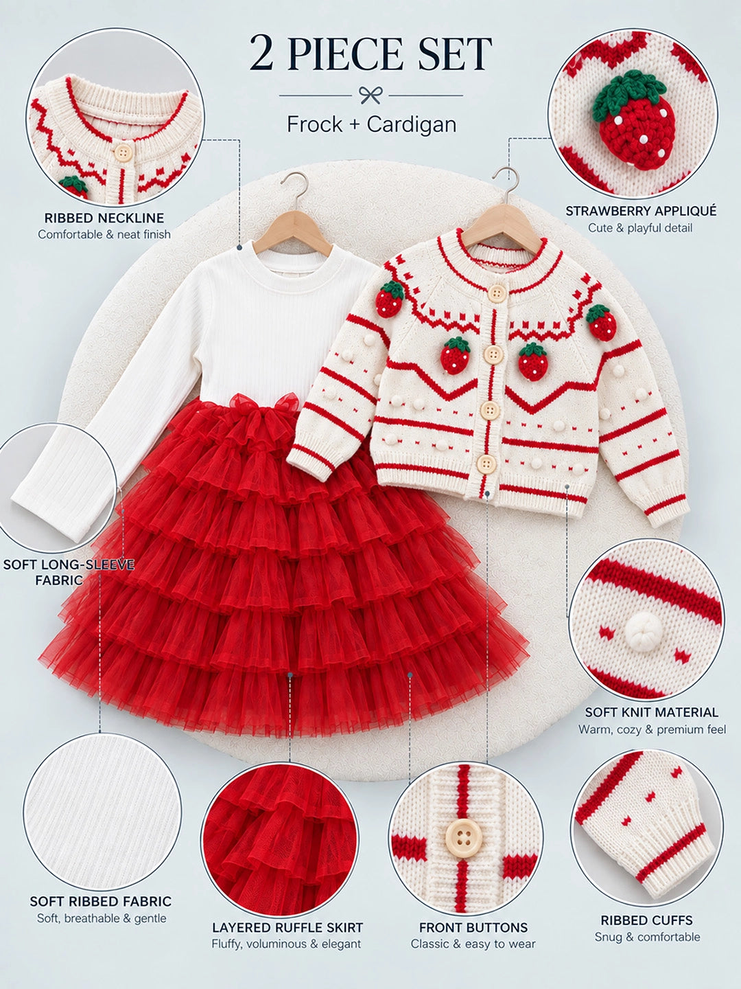 White Strawberry Cardigan & White-Red Ruffle Frock, Winterwear 2 Pcs Set for Girls