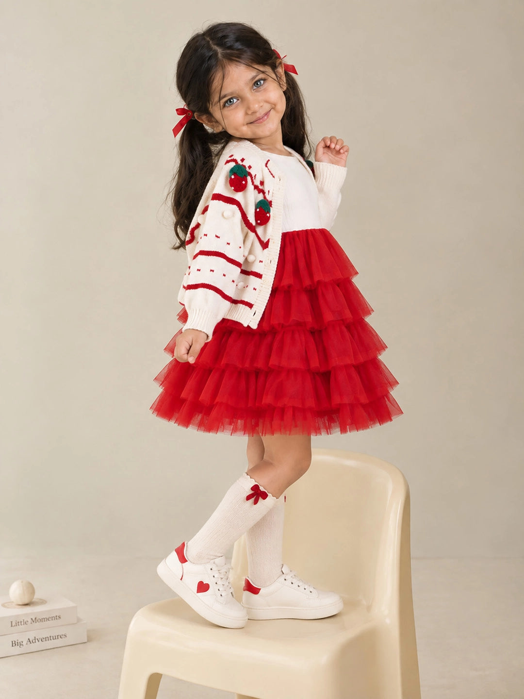 White Strawberry Cardigan & White-Red Ruffle Frock, Winterwear 2 Pcs Set for Girls