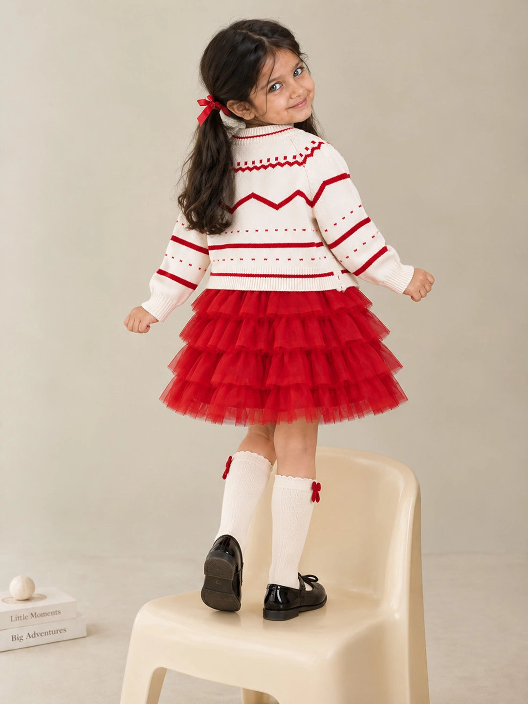 White Strawberry Cardigan & White-Red Ruffle Frock, Winterwear 2 Pcs Set for Girls