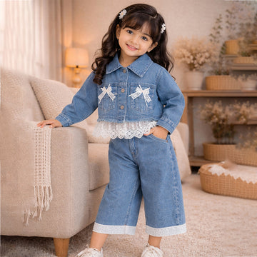 Frills & Bows Denim Jacket with Pants Co-ord set for Girls