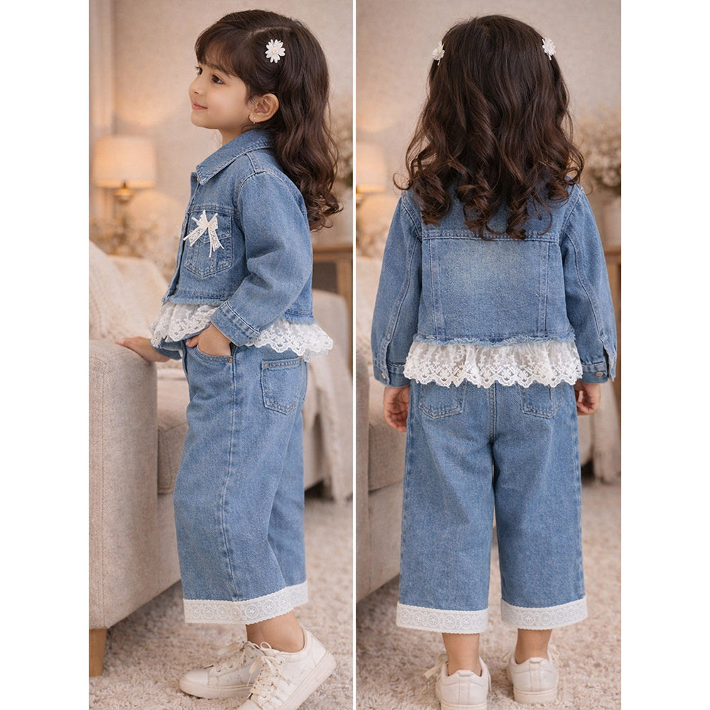 Frills & Bows Denim Jacket with Pants Co-ord set for Girls