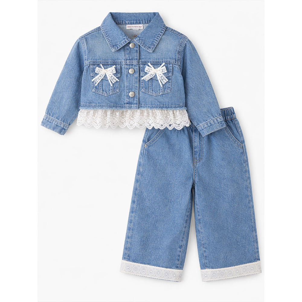 Frills & Bows Denim Jacket with Pants Co-ord set for Girls