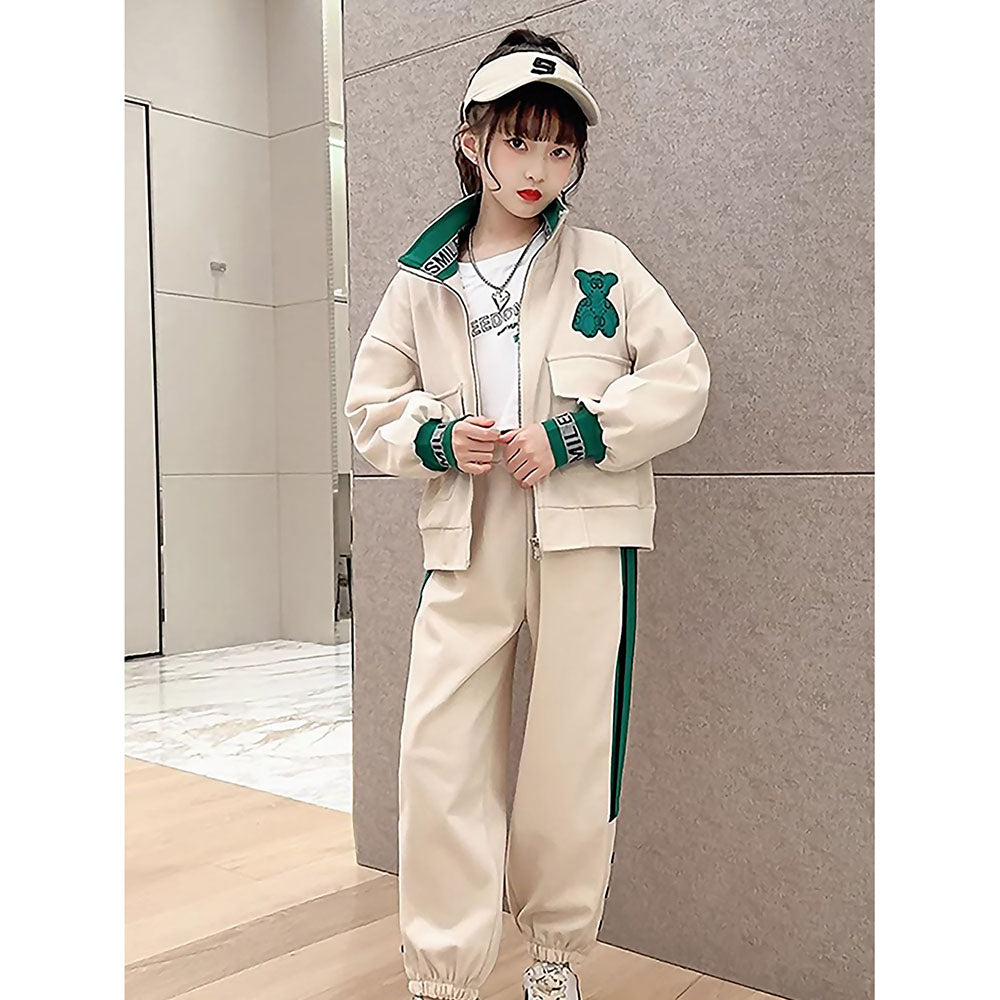 Casual Green Teddy & Cream 2Pcs Track Suit Set For Kids & Tweens