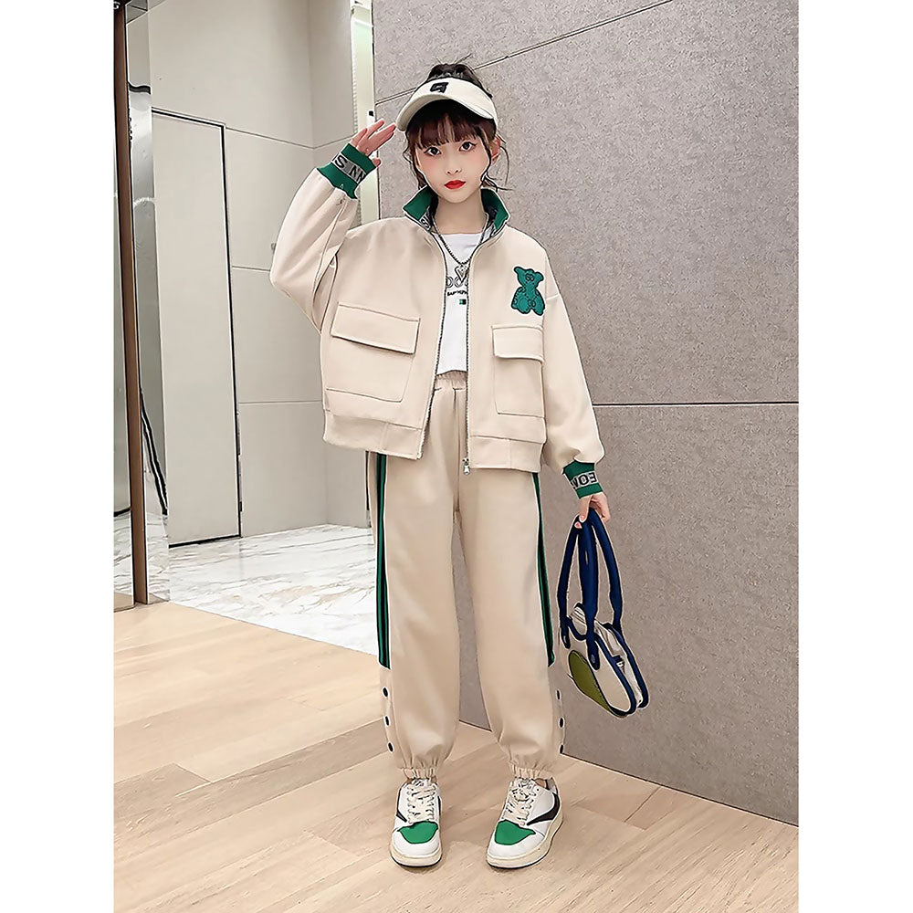 Casual Green Teddy & Cream 2Pcs Track Suit Set For Kids & Tweens