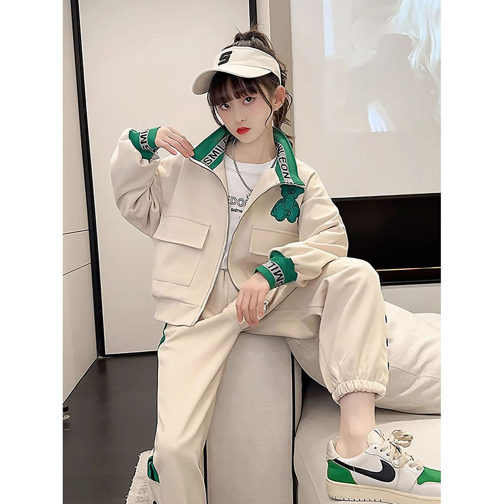 Casual Green Teddy & Cream 2Pcs Track Suit Set For Kids & Tweens