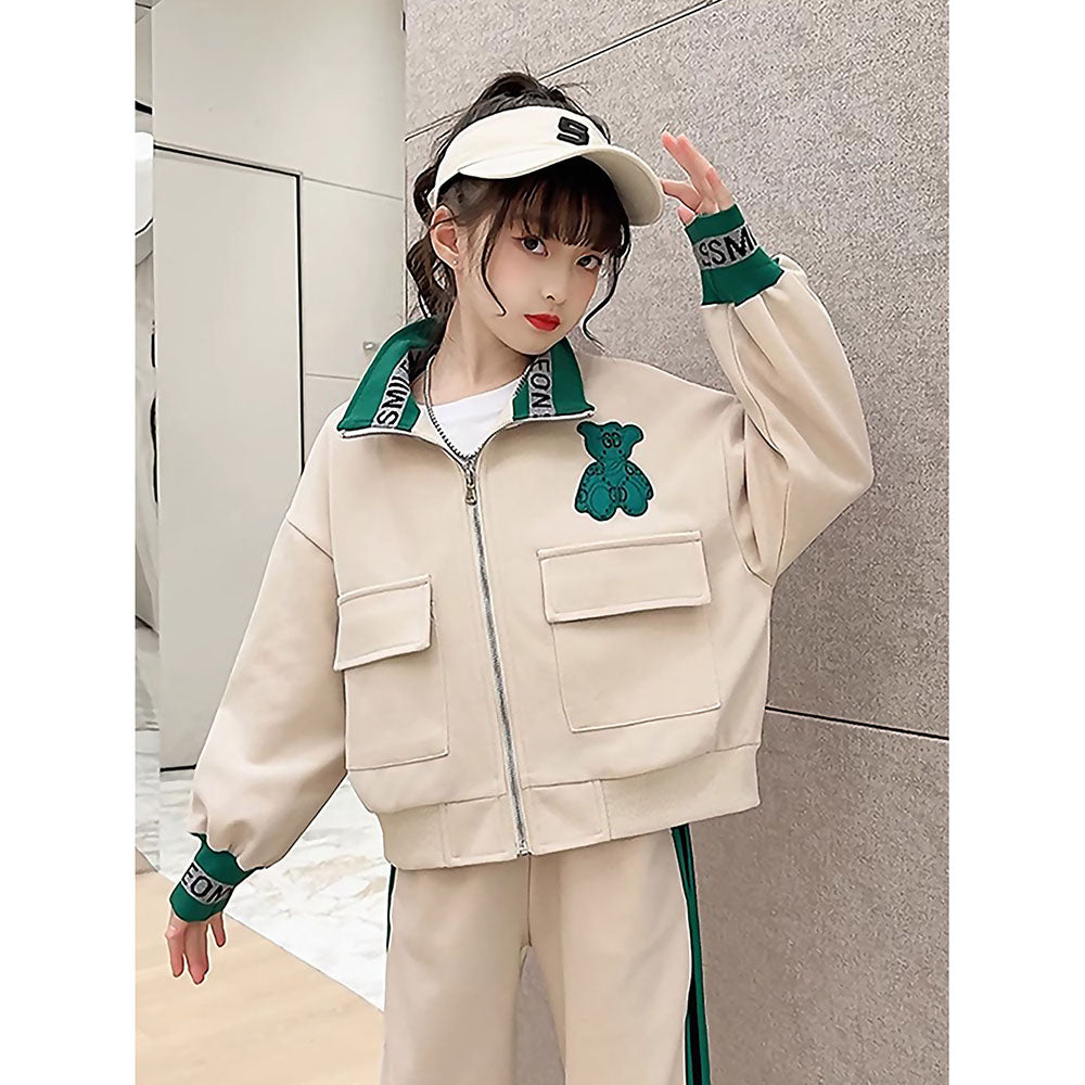 Casual Green Teddy & Cream 2Pcs Track Suit Set For Kids & Tweens
