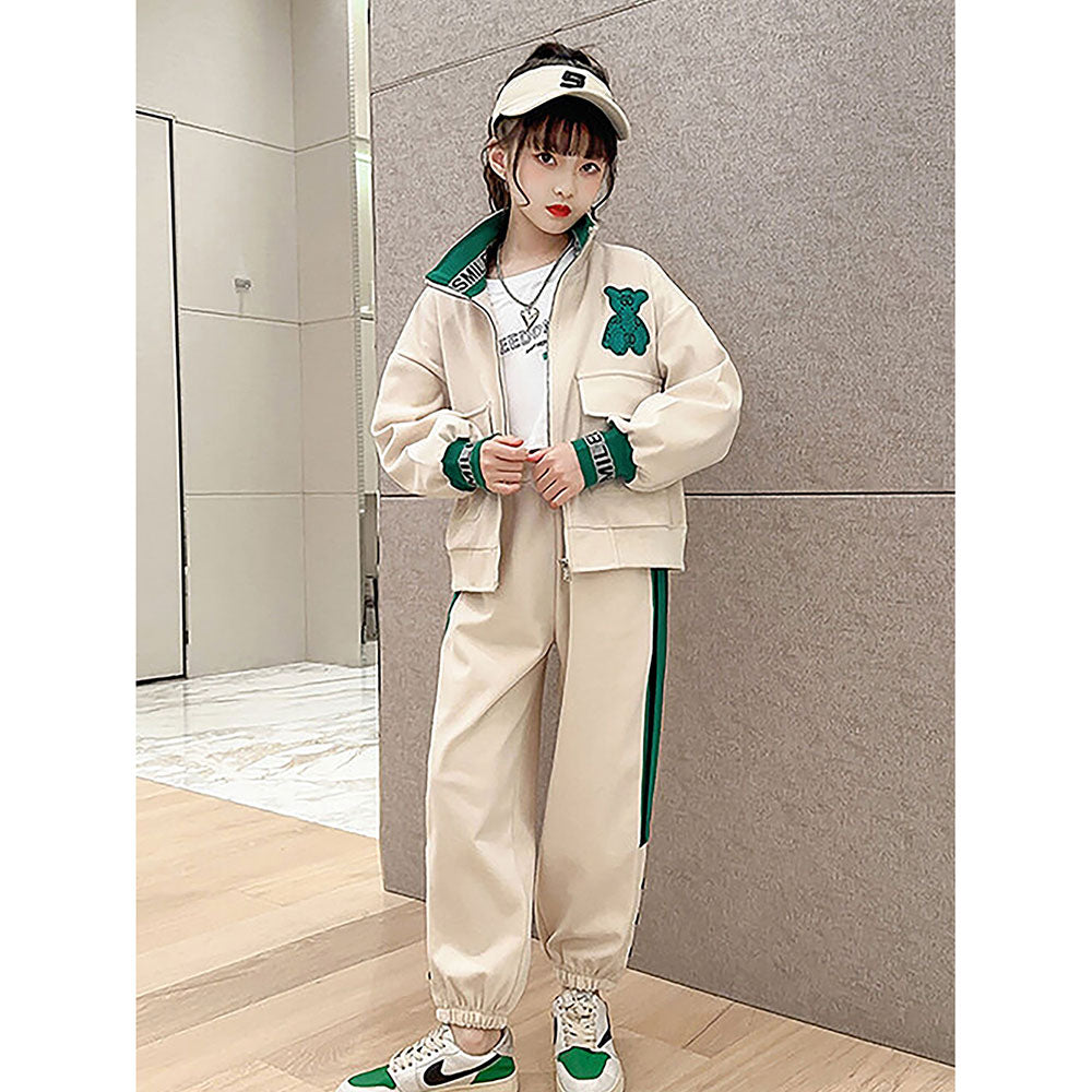 Casual Green Teddy & Cream 2Pcs Track Suit Set For Kids & Tweens