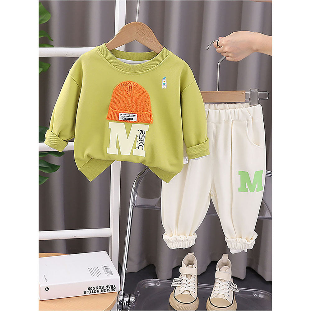 Mint Green 3D Cap Design 2 Pcs Track Suit Set For Toddlers And Kids