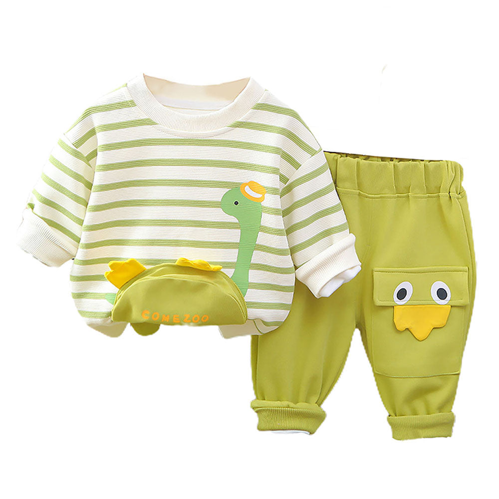 2 Pcs Set Green Striped 3D Fluffy Dino Tummy Sweat Shirt And Pants Set For Toddler And Kids Winter And All Season Wear