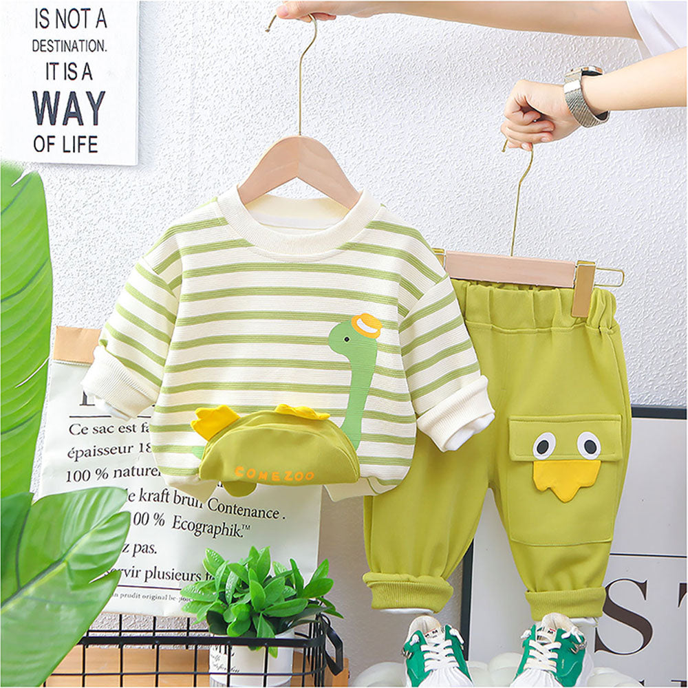 2 Pcs Set Green Striped 3D Fluffy Dino Tummy Sweat Shirt And Pants Set For Toddler And Kids Winter And All Season Wear