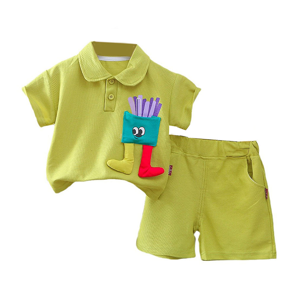 Green French Fries Themed 2 Pcs Shorts Set For Toddlers And Kids