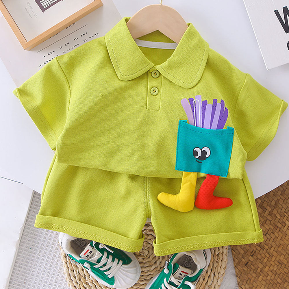 Green French Fries Themed 2 Pcs Shorts Set For Toddlers And Kids