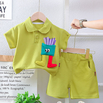 Green French Fries Themed 2 Pcs Shorts Set For Toddlers And Kids