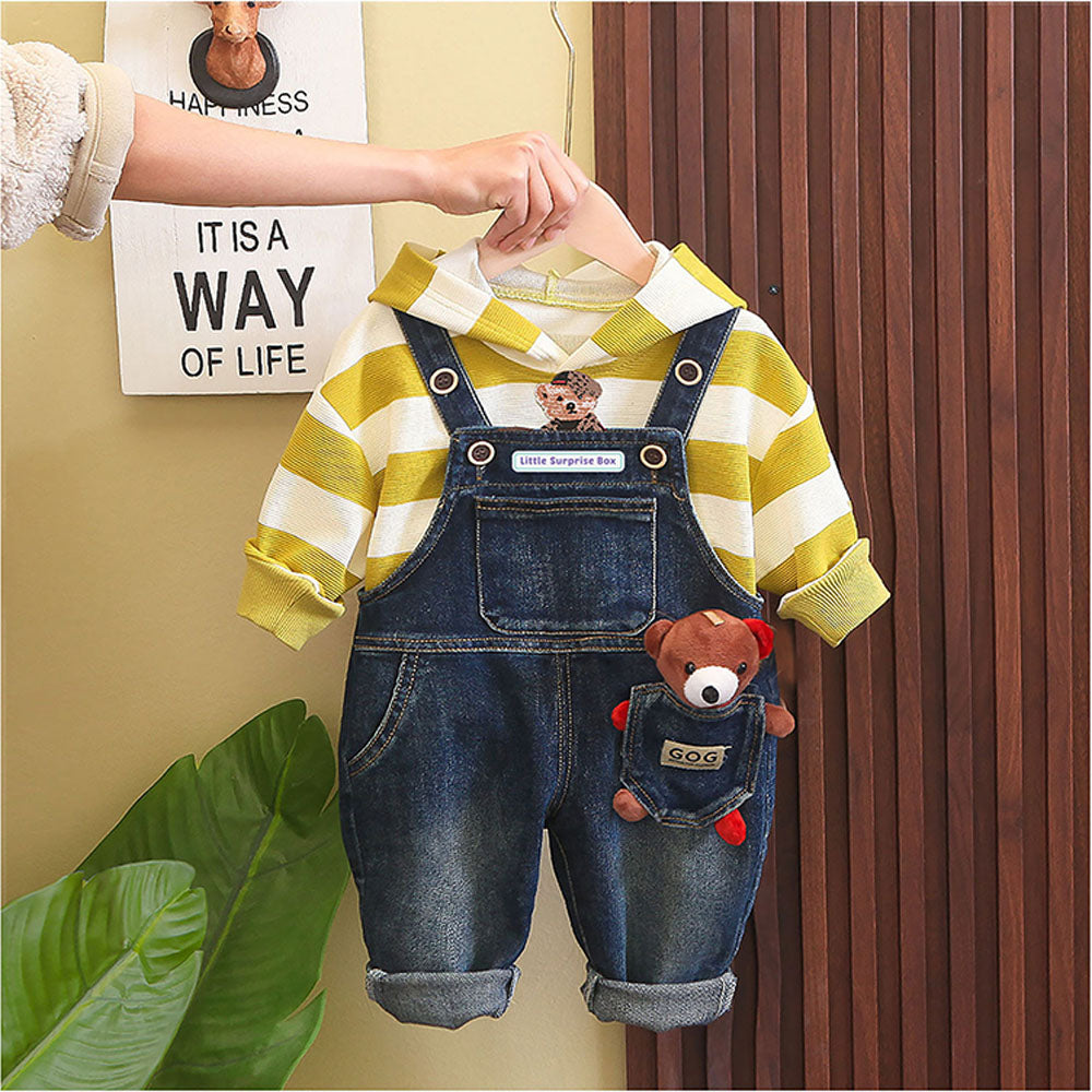 Green Stripes Teddy Bear Soft Toy Dungary Style 2 Pc Clothing Set For Toddlers And Kids