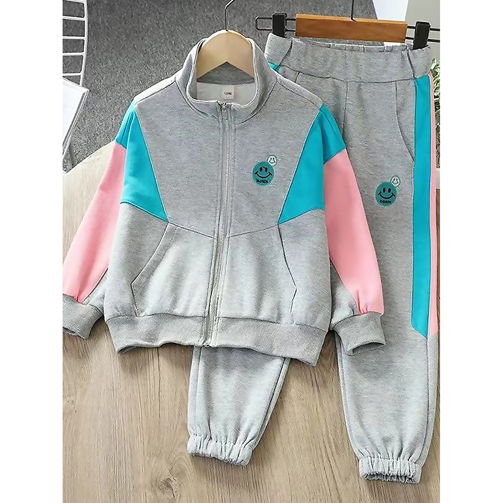 Casual Grey With Mint & Pink Stripes 2Pcs Track Suit Set For Kids & Tweens