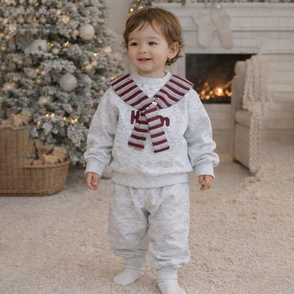 2 Pcs Grey Sweatshirt & Pants styled up with Muffler for Kids