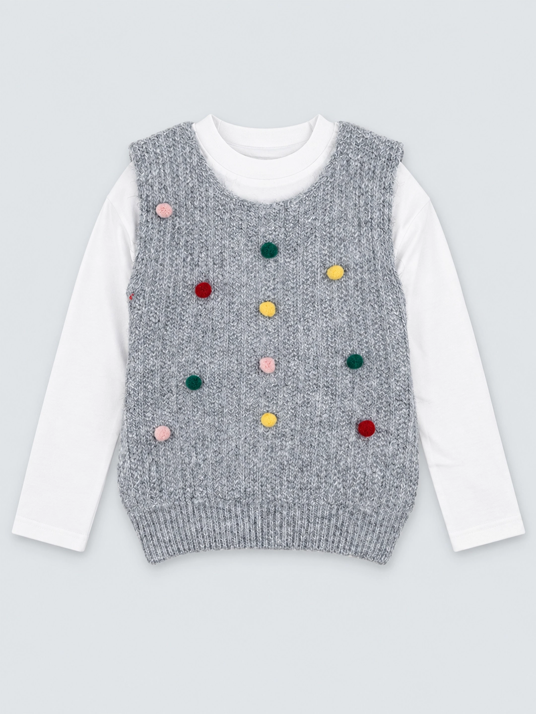 2 Pcs Colorful Pom-pom Grey Winter Sleeveless Cardigan with White Full Sleeve Tshirt