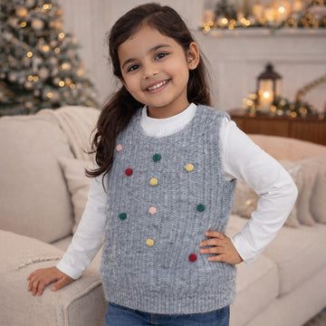 2 Pcs Colorful Pom-pom Grey Winter Sleeveless Cardigan with White Full Sleeve Tshirt