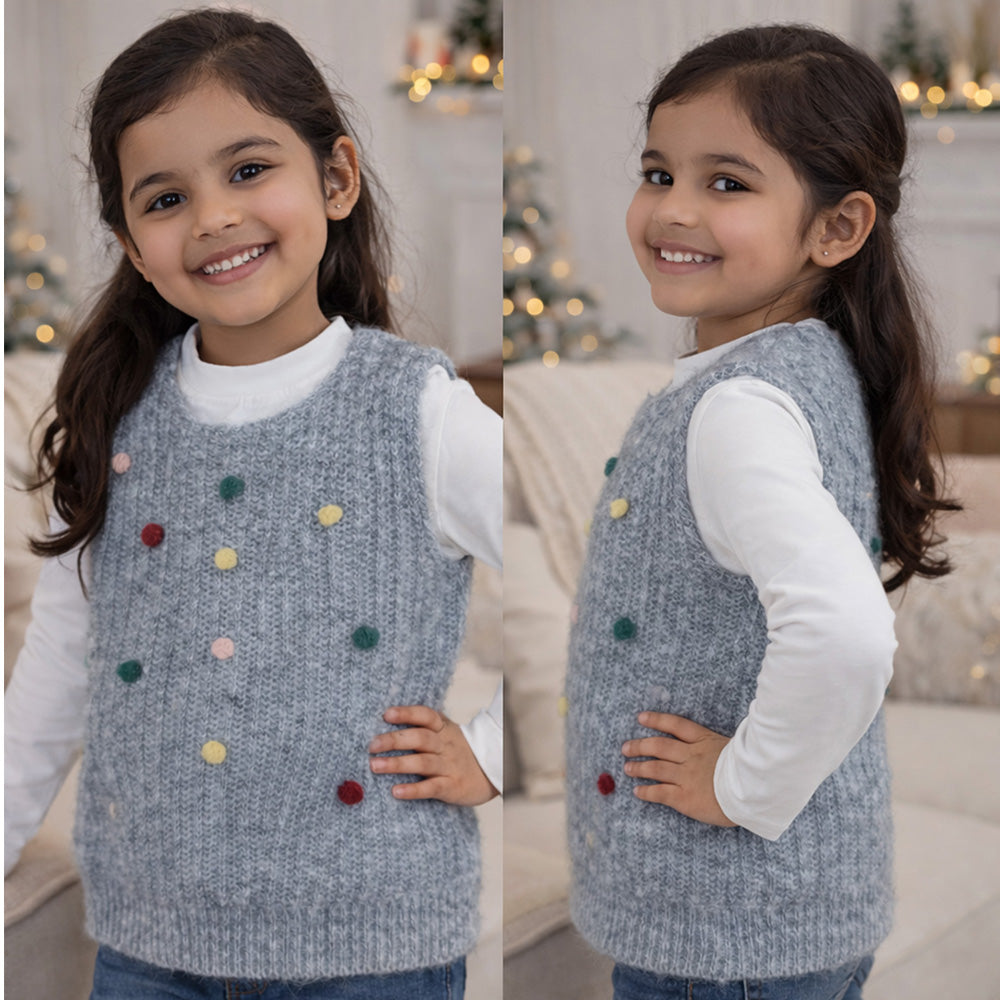 2 Pcs Colorful Pom-pom Grey Winter Sleeveless Cardigan with White Full Sleeve Tshirt
