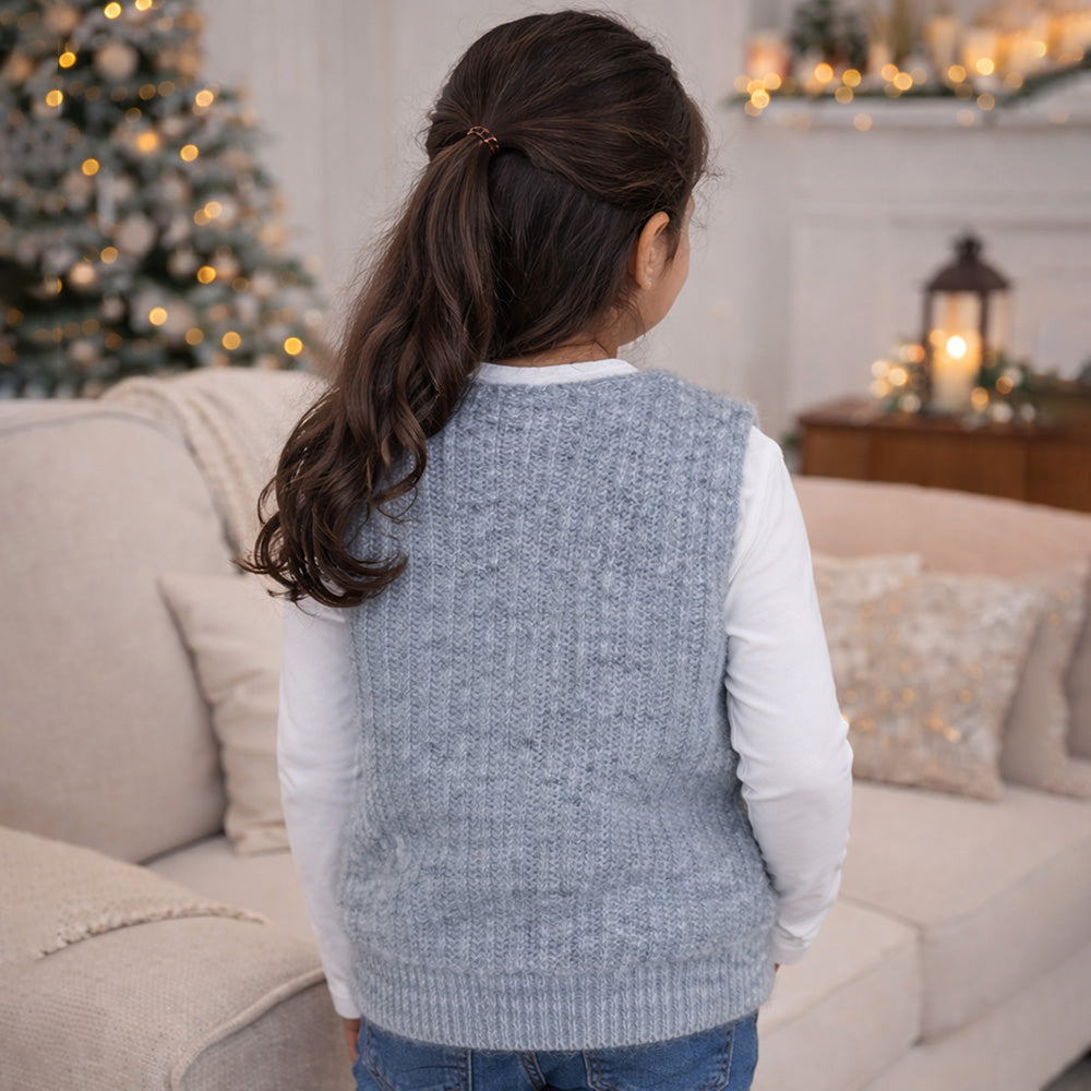 2 Pcs Colorful Pom-pom Grey Winter Sleeveless Cardigan with White Full Sleeve Tshirt