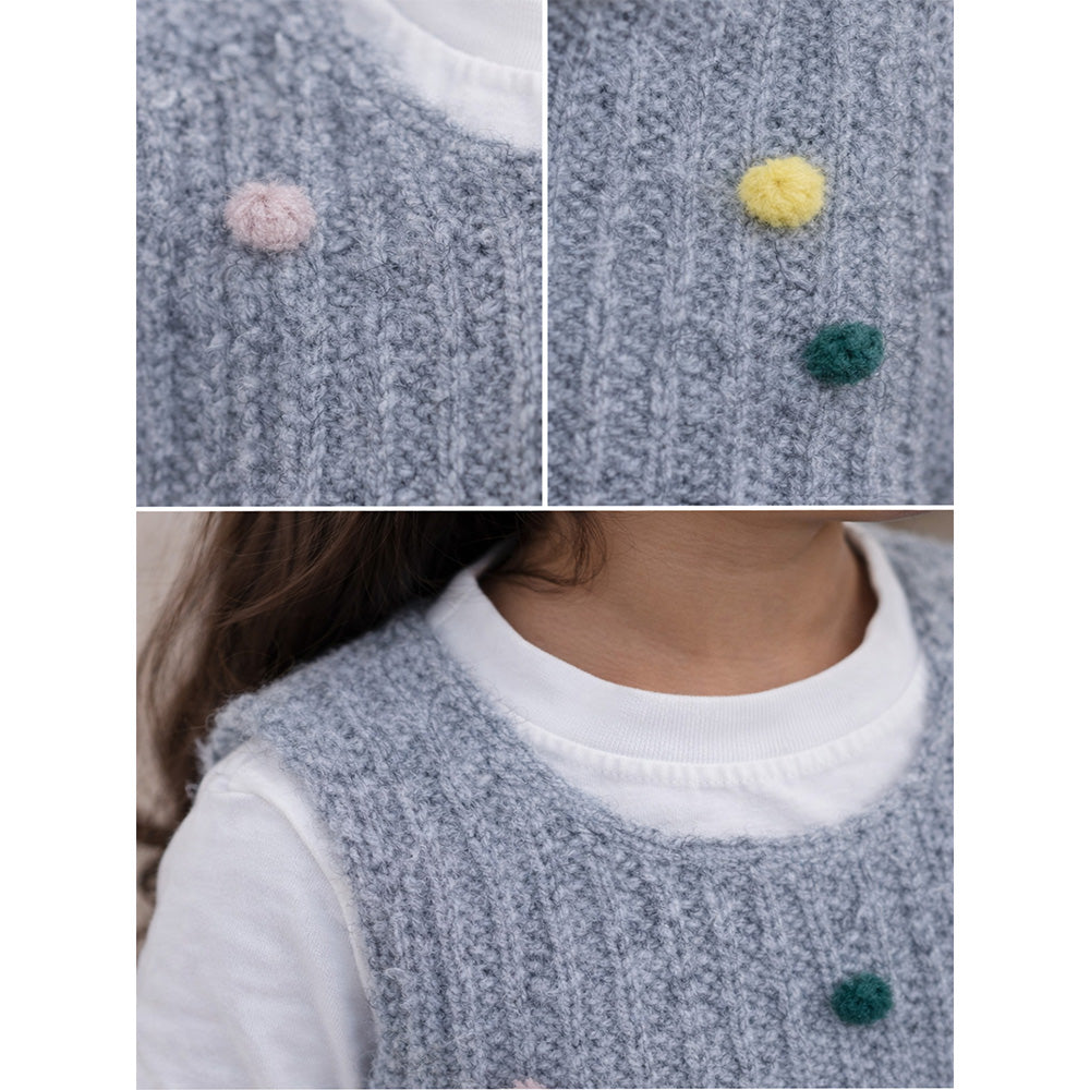 2 Pcs Colorful Pom-pom Grey Winter Sleeveless Cardigan with White Full Sleeve Tshirt
