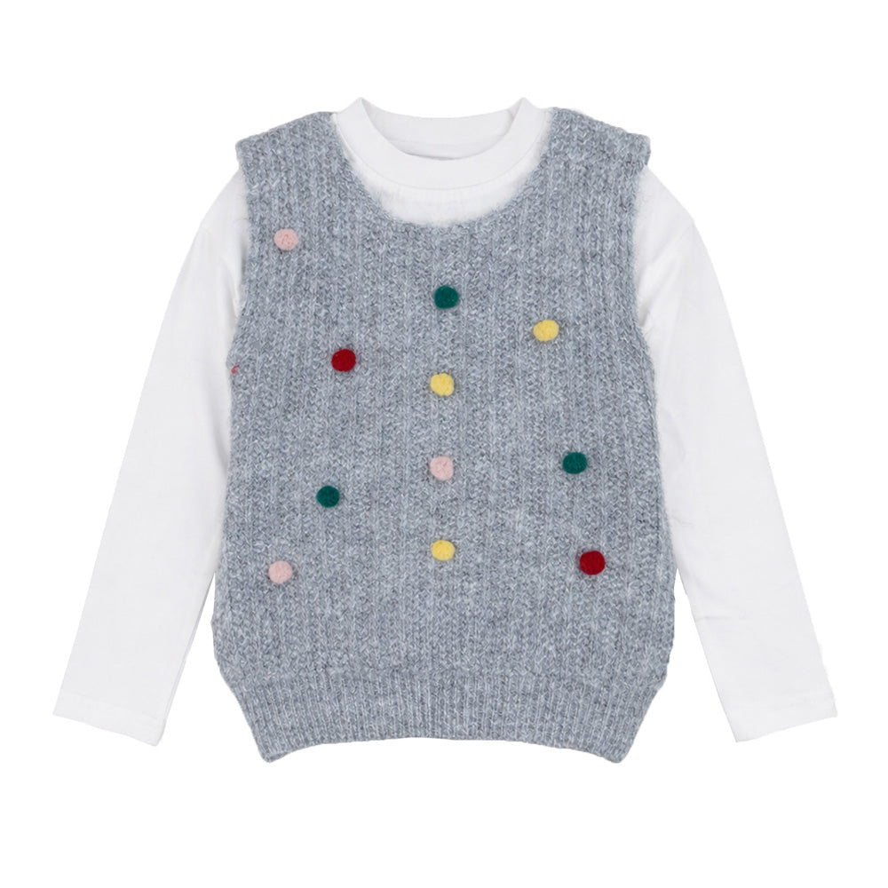 2 Pcs Colorful Pom-pom Grey Winter Sleeveless Cardigan with White Full Sleeve Tshirt