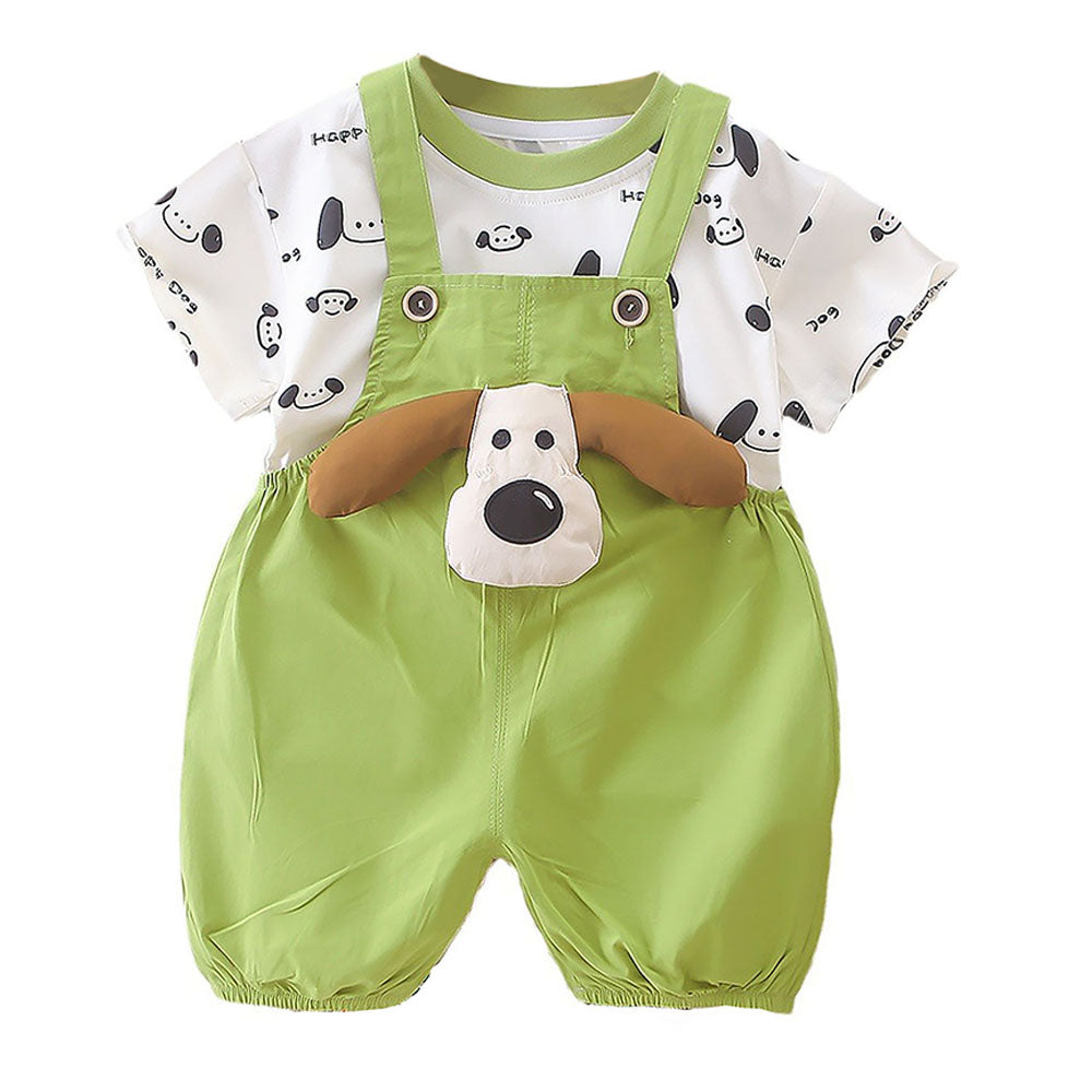 Happy Dog Green & White 2 Pcs Dungary Style Set For Toddlers And Kids