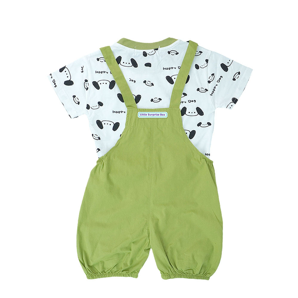 Happy Dog Green & White 2 Pcs Dungary Style Set For Toddlers And Kids