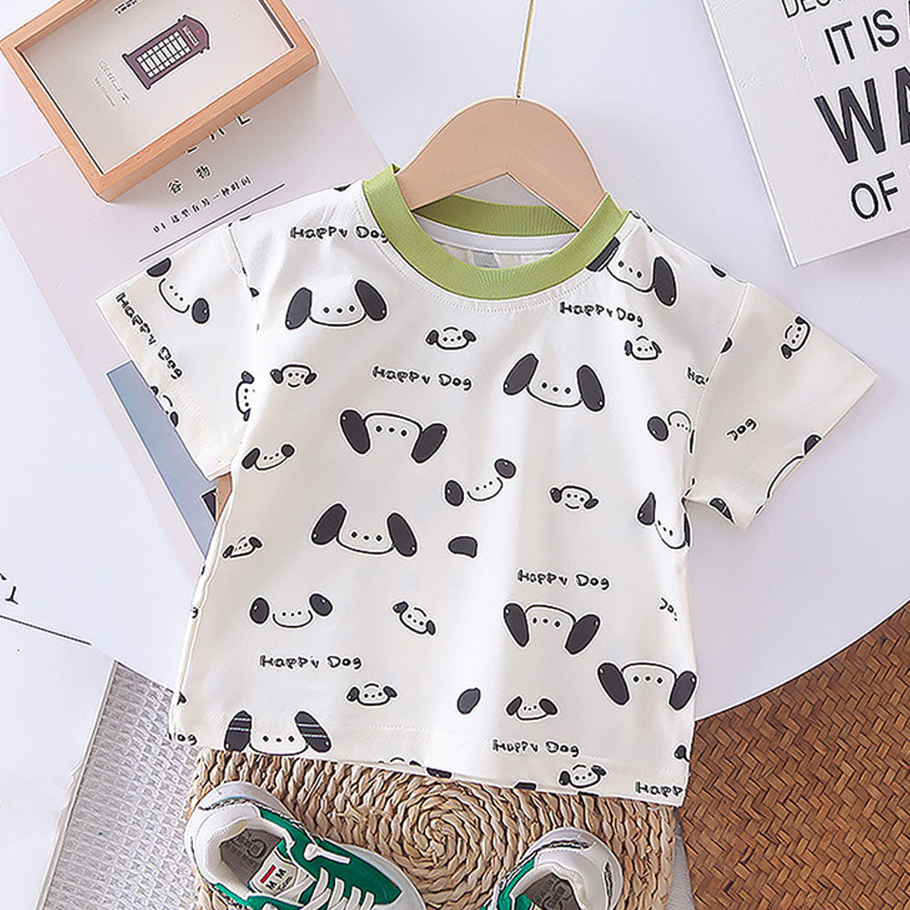 Happy Dog Green & White 2 Pcs Dungary Style Set For Toddlers And Kids