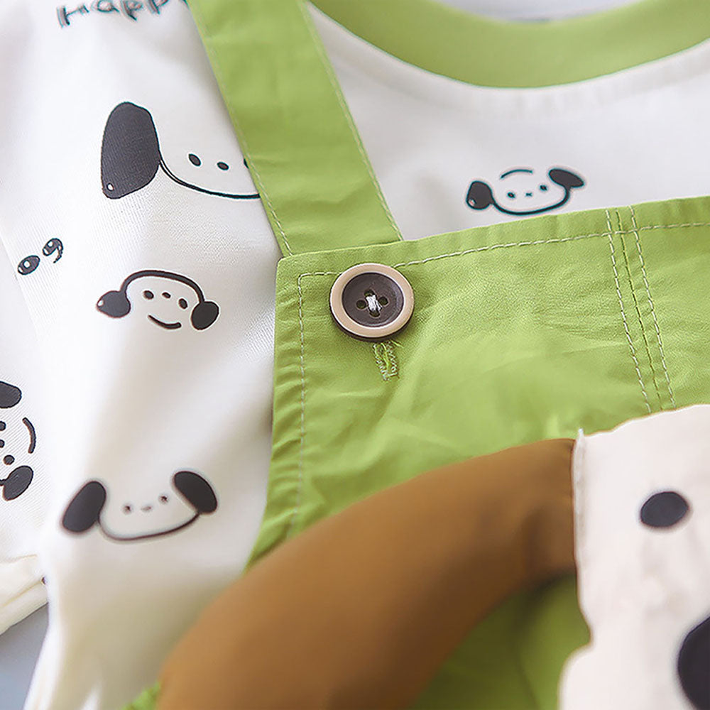 Happy Dog Green & White 2 Pcs Dungary Style Set For Toddlers And Kids