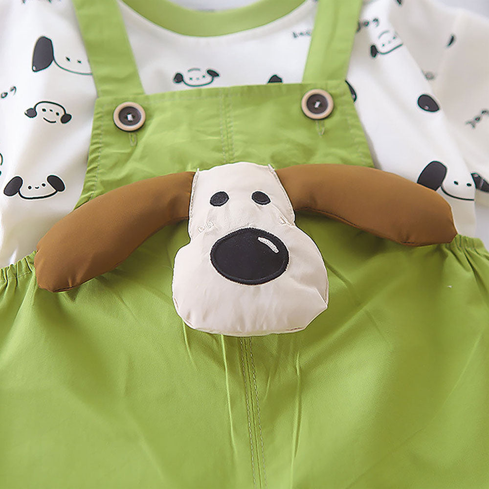 Happy Dog Green & White 2 Pcs Dungary Style Set For Toddlers And Kids