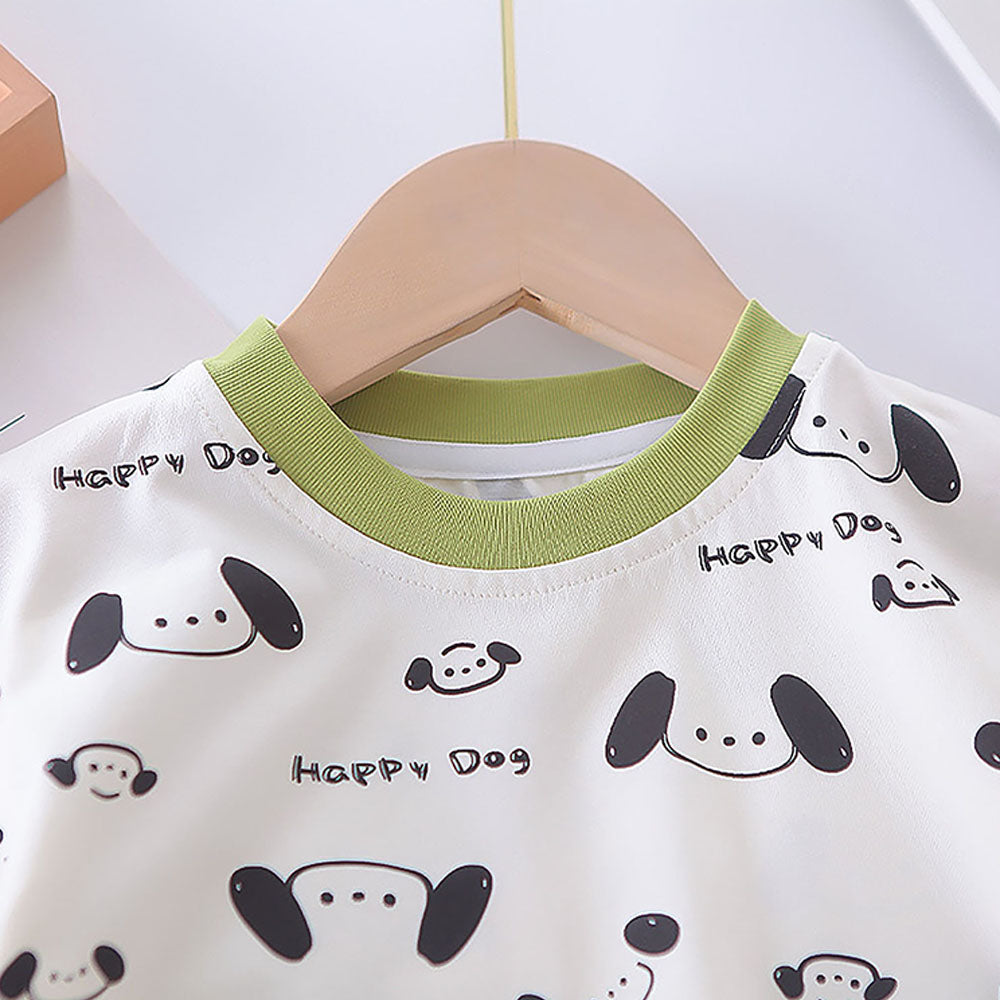 Happy Dog Green & White 2 Pcs Dungary Style Set For Toddlers And Kids