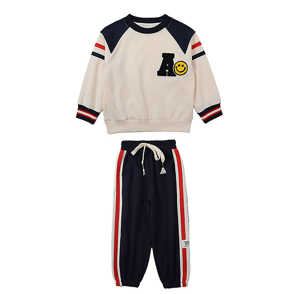 Casual Letter A Monogram Designed Cream & Navy 2Pcs Track Suit Set For Kids & Tweens